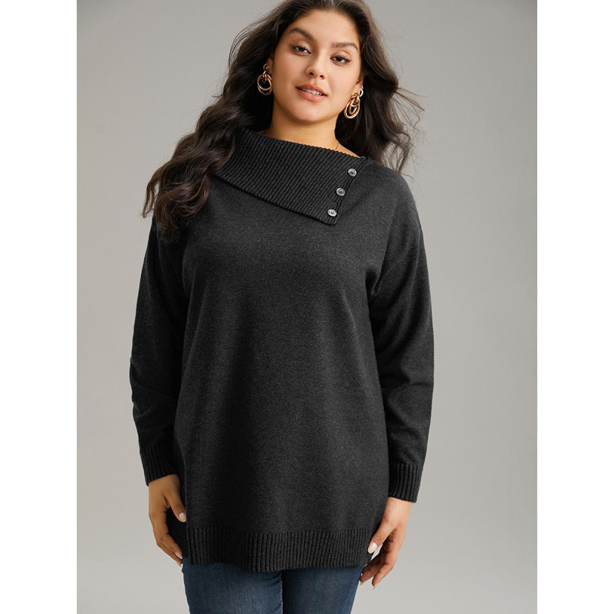 Plus Size Supersoft Essentials Asymmetrical Neck Button Detail Pullover Black Women Casual Loose Long Sleeve Asymmetrical Neck Dailywear Pullovers BloomChic 18-20/2X Product Image