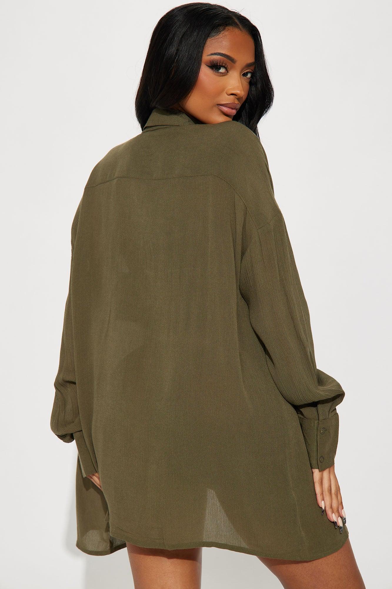 Breezy Nights Linen Pocket Cover Up Shirt - Olive Product Image