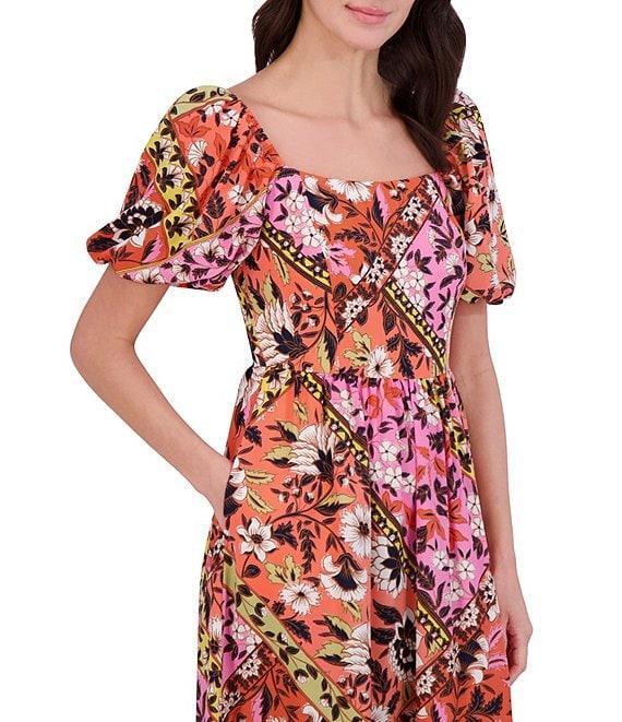 Vince Camuto Woven Square Neck Short Puff Sleeve Midi Dress Product Image