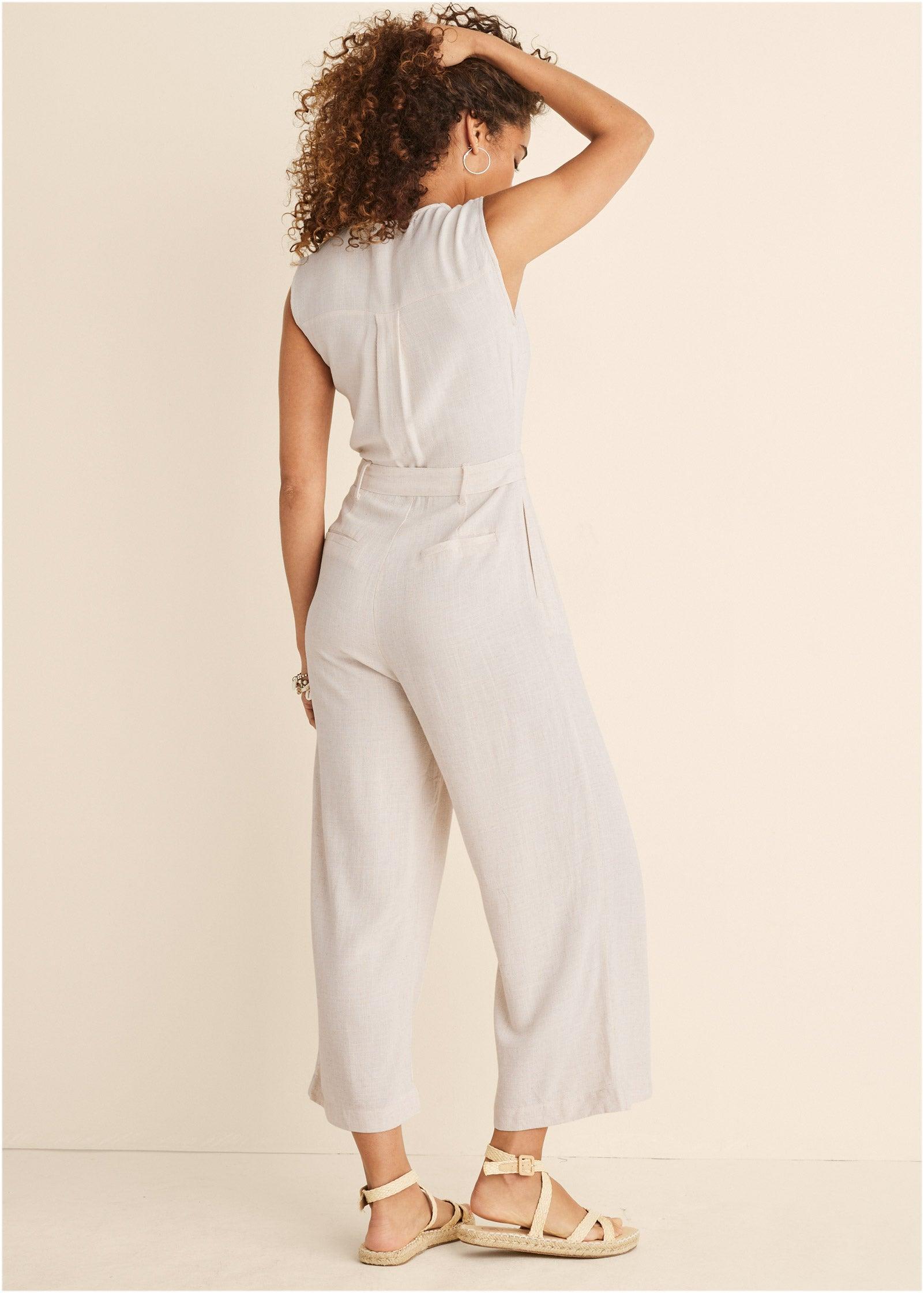 Button Front Linen Jumpsuit - Beige Product Image