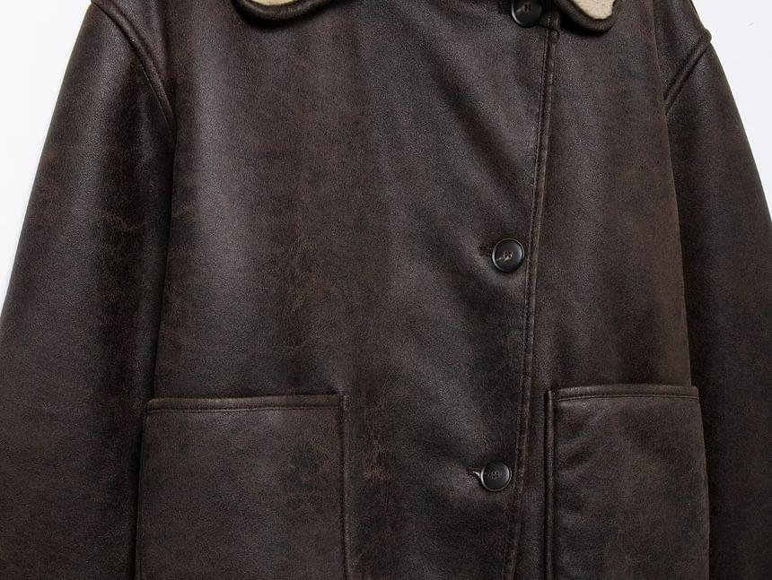Plain Fluffy Trim Faux Leather Single-Breasted Jacket Product Image