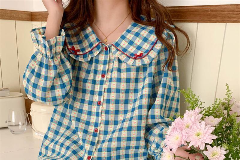 Pajama Set: Long Sleeve Collared Plaid Bow Blouse + Straight Leg Pants Product Image