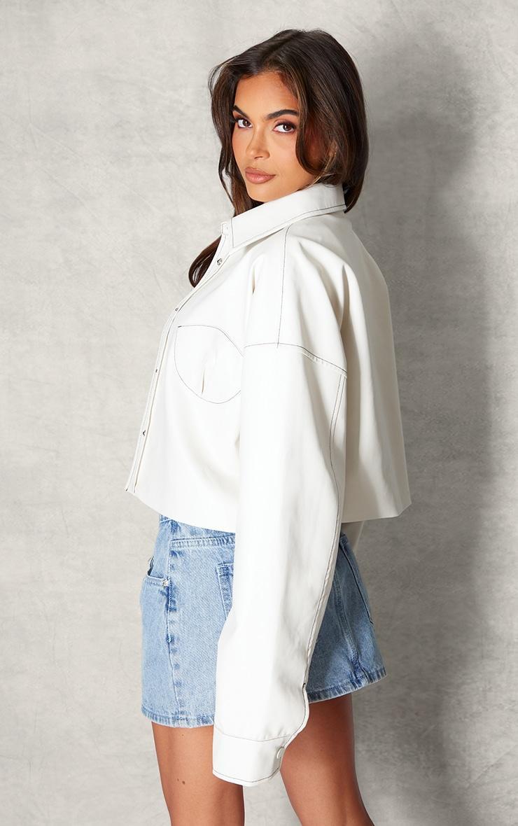 Ecru Faux Leather Cup Stitching Detail Crop Jacket Product Image