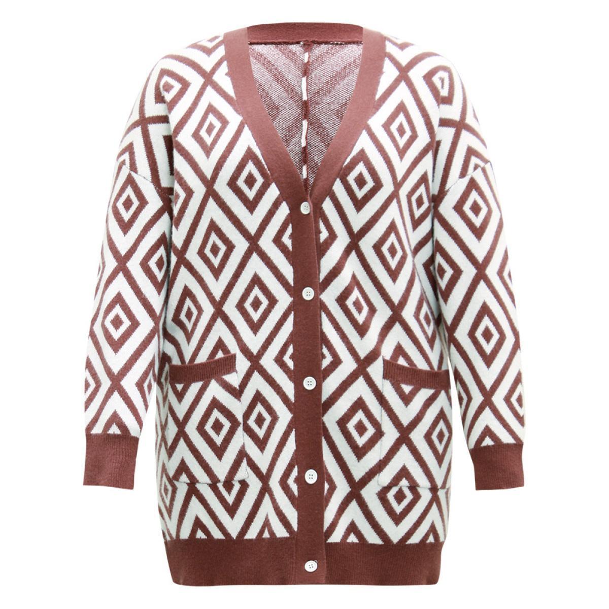 Plus Size Supersoft Essentials Geometric Button Through Cardigan Maroon Women Casual Loose Long Sleeve Dailywear Cardigans BloomChic 30/6X Product Image