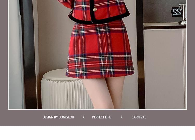 Set: Plaid Button-Up Jacket + High Rise Mini A-Line Skirt Product Image