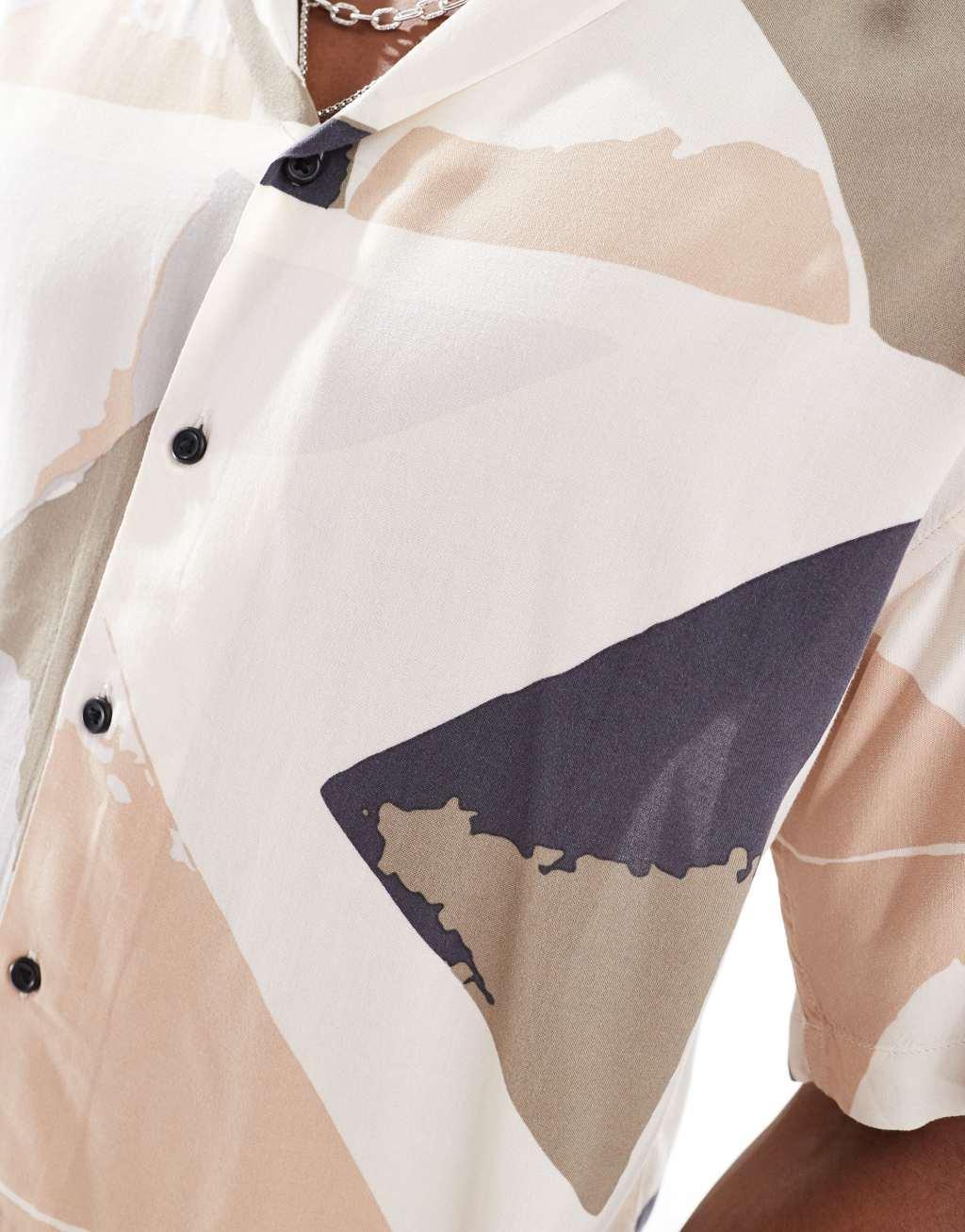 Jack & Jones camp collar geo print shirt in gray Product Image