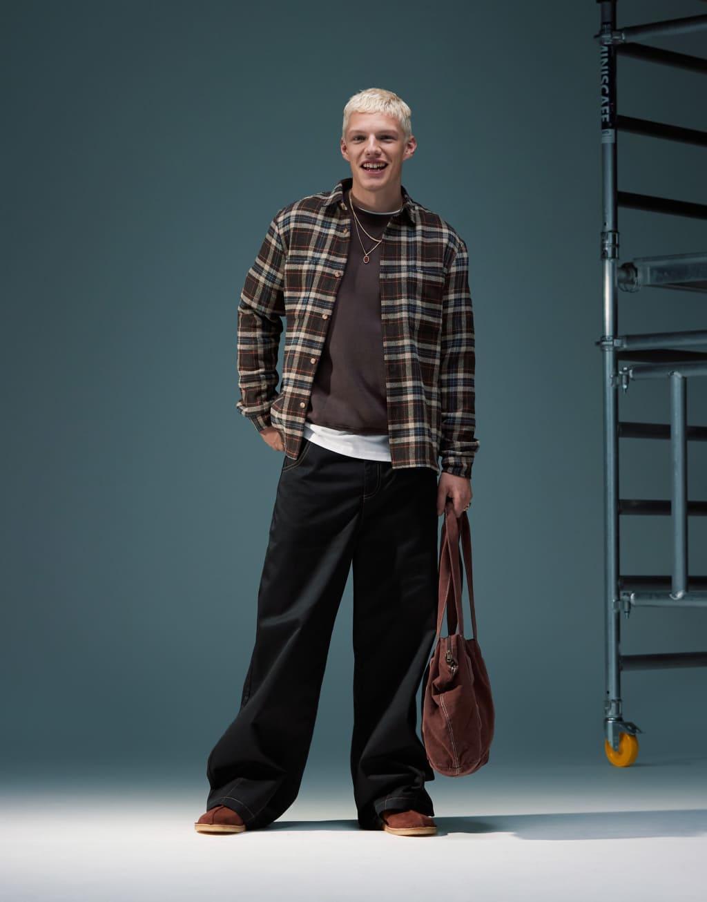 ASOS DESIGN wool look shirt in brown check Product Image