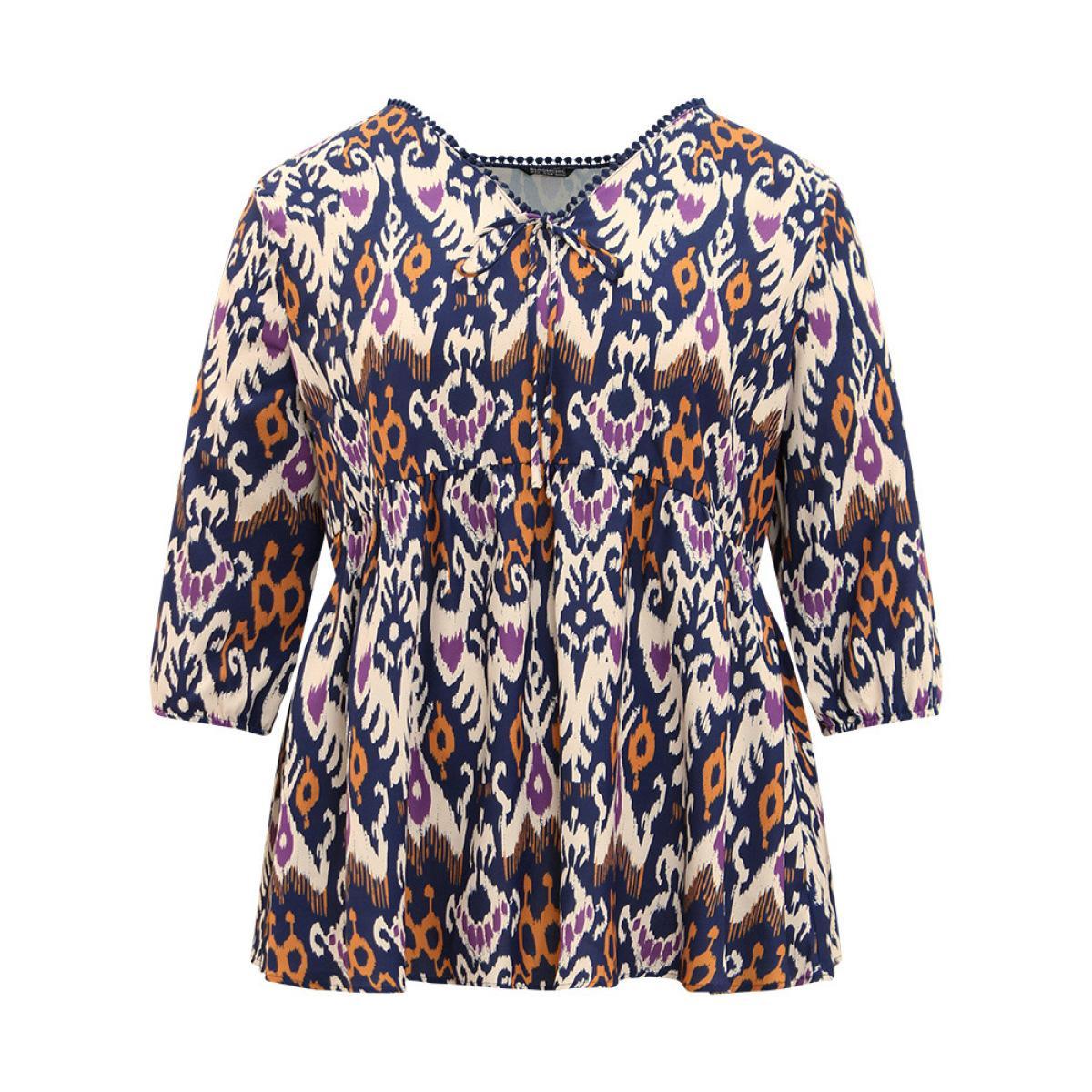 Plus Size Blue Bandana Print Ties Pompom Trim Blouse Women Vacation Elbow-length sleeve V-neck Dailywear Blouses BloomChic 22-24/3X Product Image