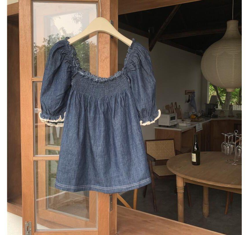 Short-Sleeve Square Neck Denim Babydoll Blouse Product Image