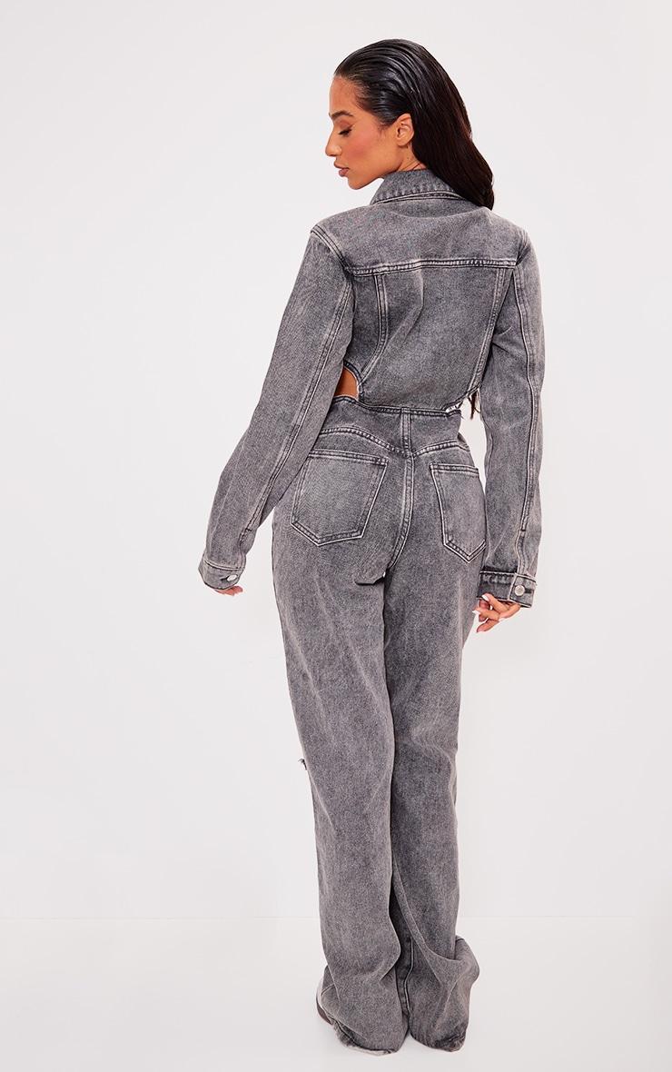 Petite Washed Grey Denim Ripped Knee Jumpsuit Product Image