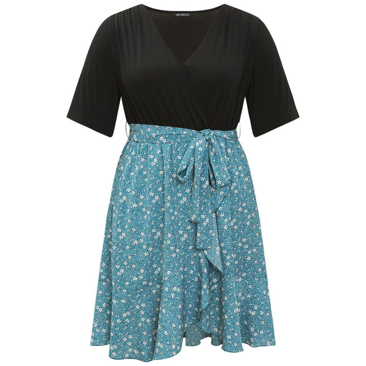 Plus Size Ditsy Floral Pocket Patchwork Belted Wrap Ruffle Dress Cerulean Women Office Plain V-neck Half Sleeve Curvy Knee Dress BloomChic 28/5X Product Image