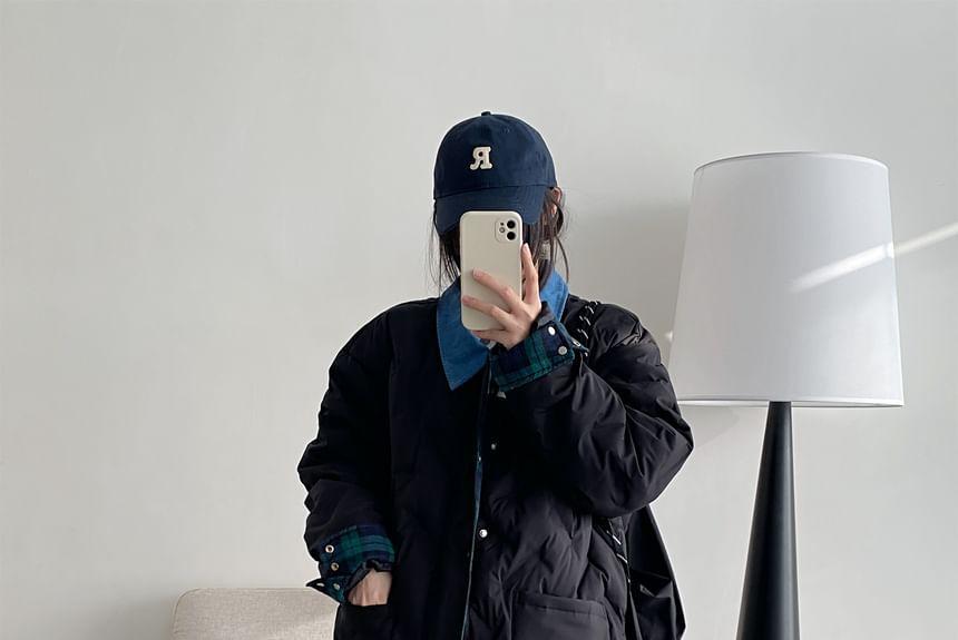 Collared Plaid Panel Button Down Puffer Jacket Product Image