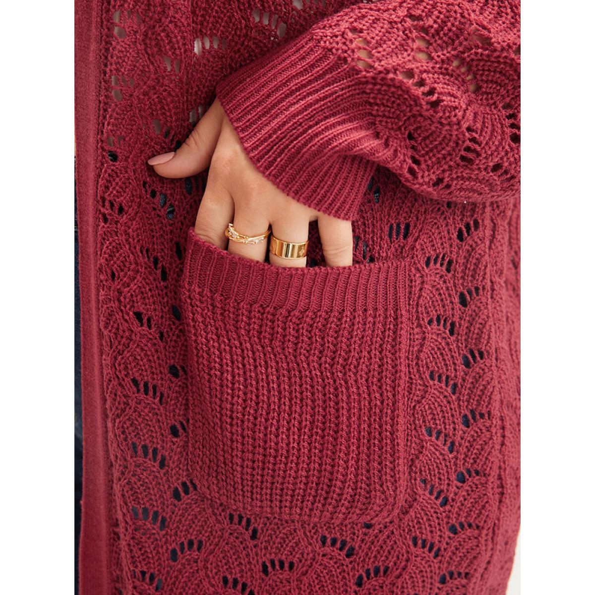 Plus Size Plain Pointelle Knit Cut Out Pocket Open Front Mid Long Cardigan Burgundy Women Casual Loose Long Sleeve Dailywear Cardigans BloomChic 10/M Product Image