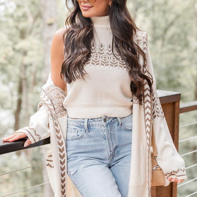 Quick Decisions Cream And Brown Printed Sweater Tank And Cardigan Set FINAL SALE Product Image