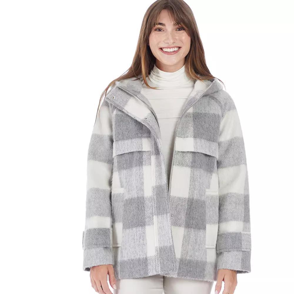Women's Nine West Plaid Duffle Jacket, Size: Large, Gray White Plaid Product Image