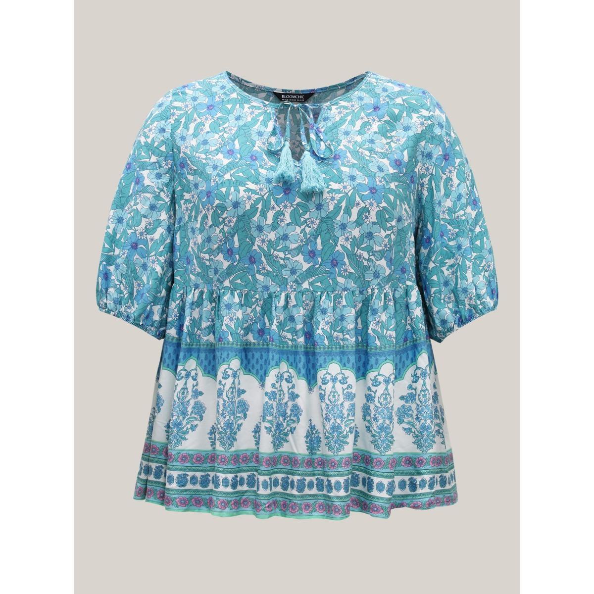 Plus Size Turquoise Boho Floral Print Color Contrast Blouse Women Elbow-length sleeve V-neck Vacation Blouses BloomChic 14-16/1X Product Image