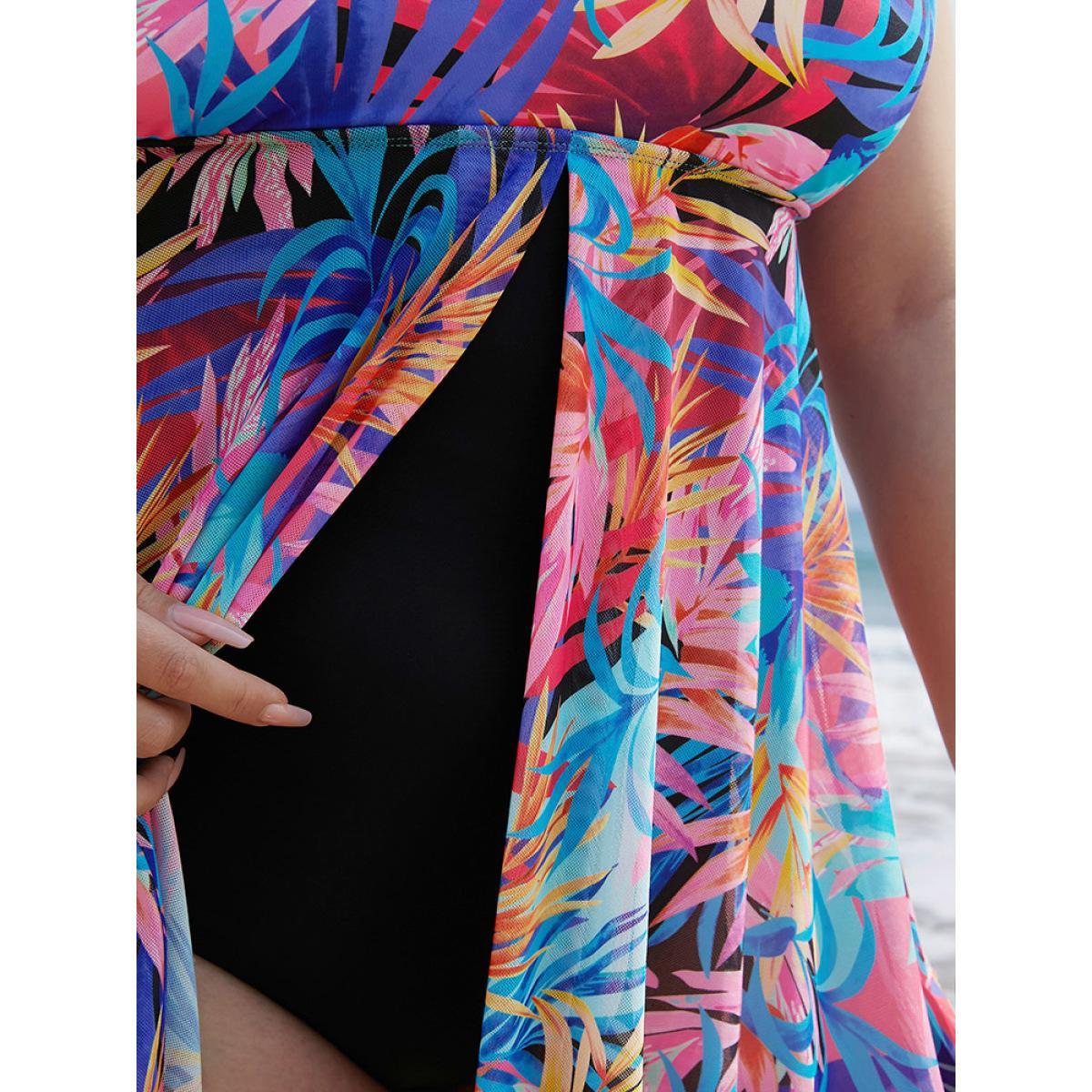 Plus Size Tropical Print Ruffles Split Front Swim Dress Women's Swimwear Multicolor Vacation Bodycon Round Neck High stretch Curve Swim Dresses BloomChic 14-16/1X Product Image
