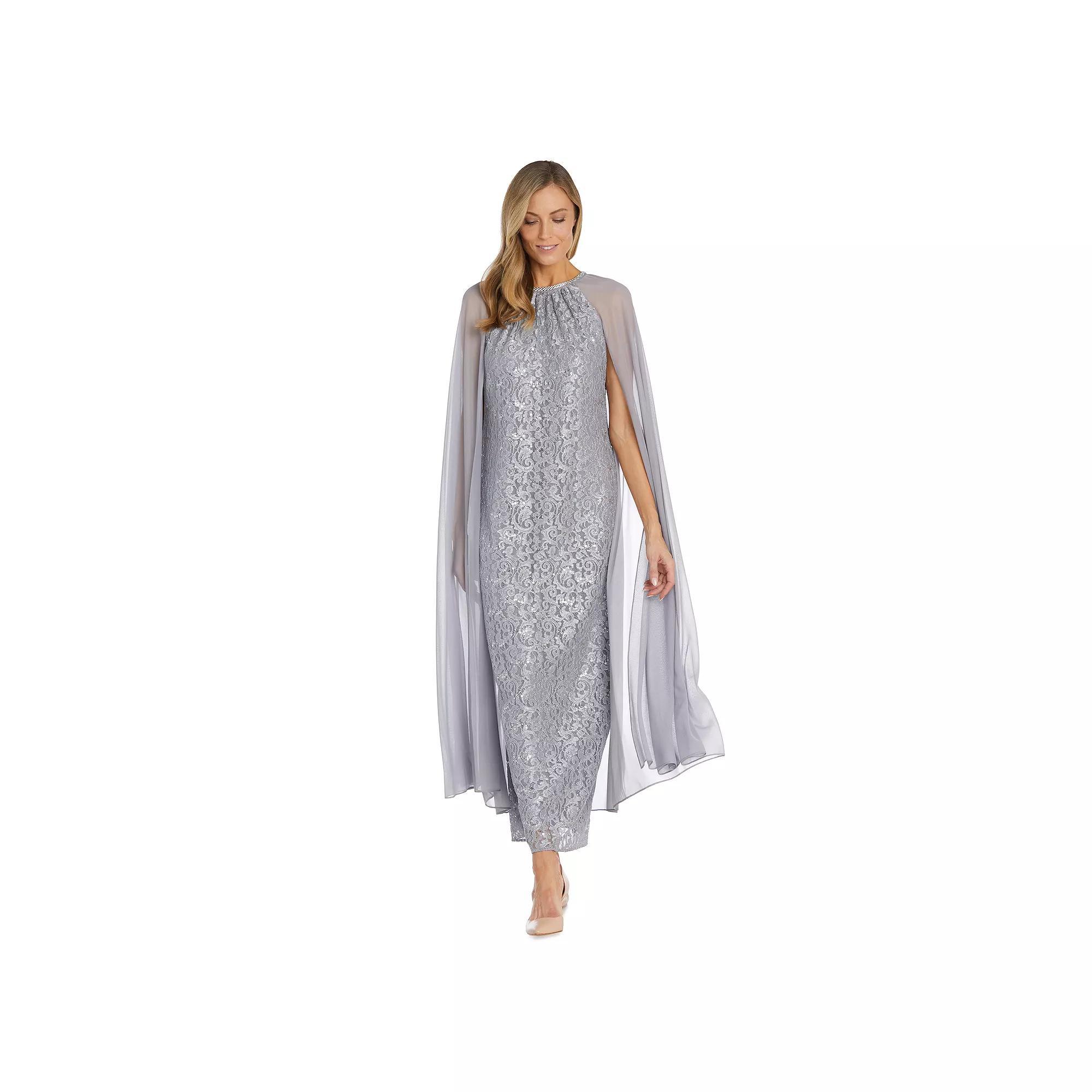 Women's R&M Richards Long Sequin Lace Chiffon Cape Gown, Size: 14, Blue Product Image