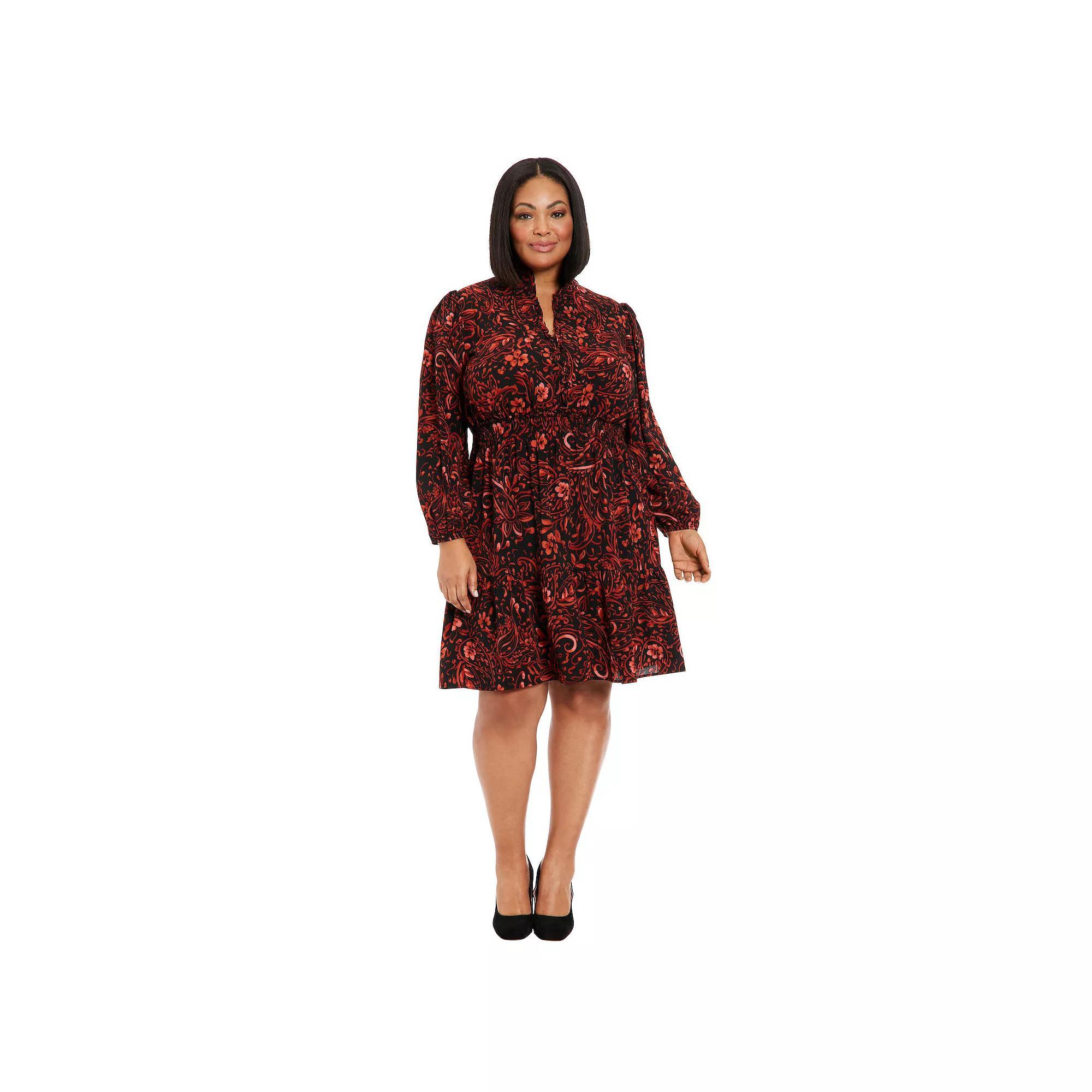 Plus Size London Times Split Neck Bishop Sleeve Tiered Skirt Dress, Women's, Size: 20 W, Black Spice Product Image