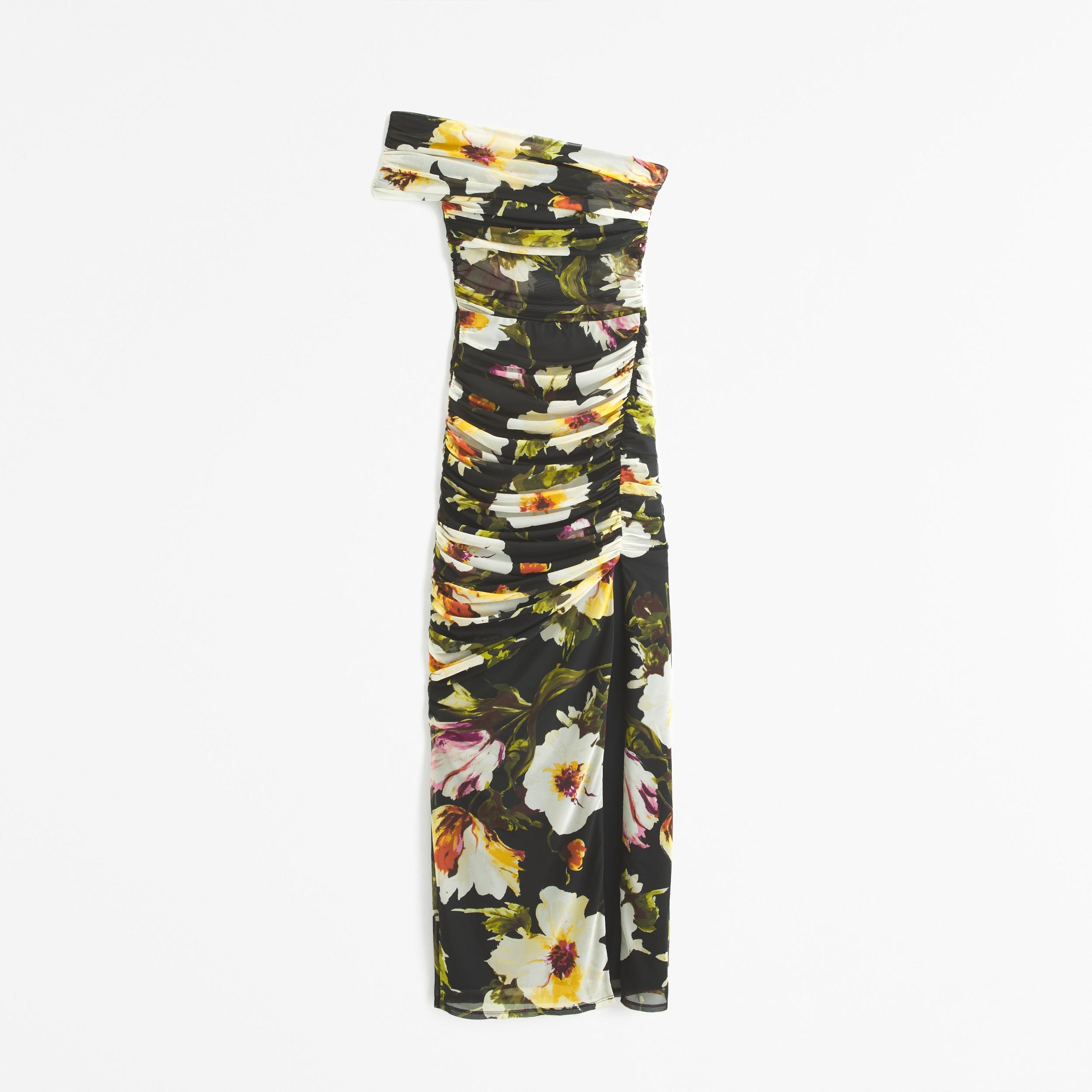 Mesh Asymmetrical Off-The-Shoulder Draped Maxi Dress Product Image
