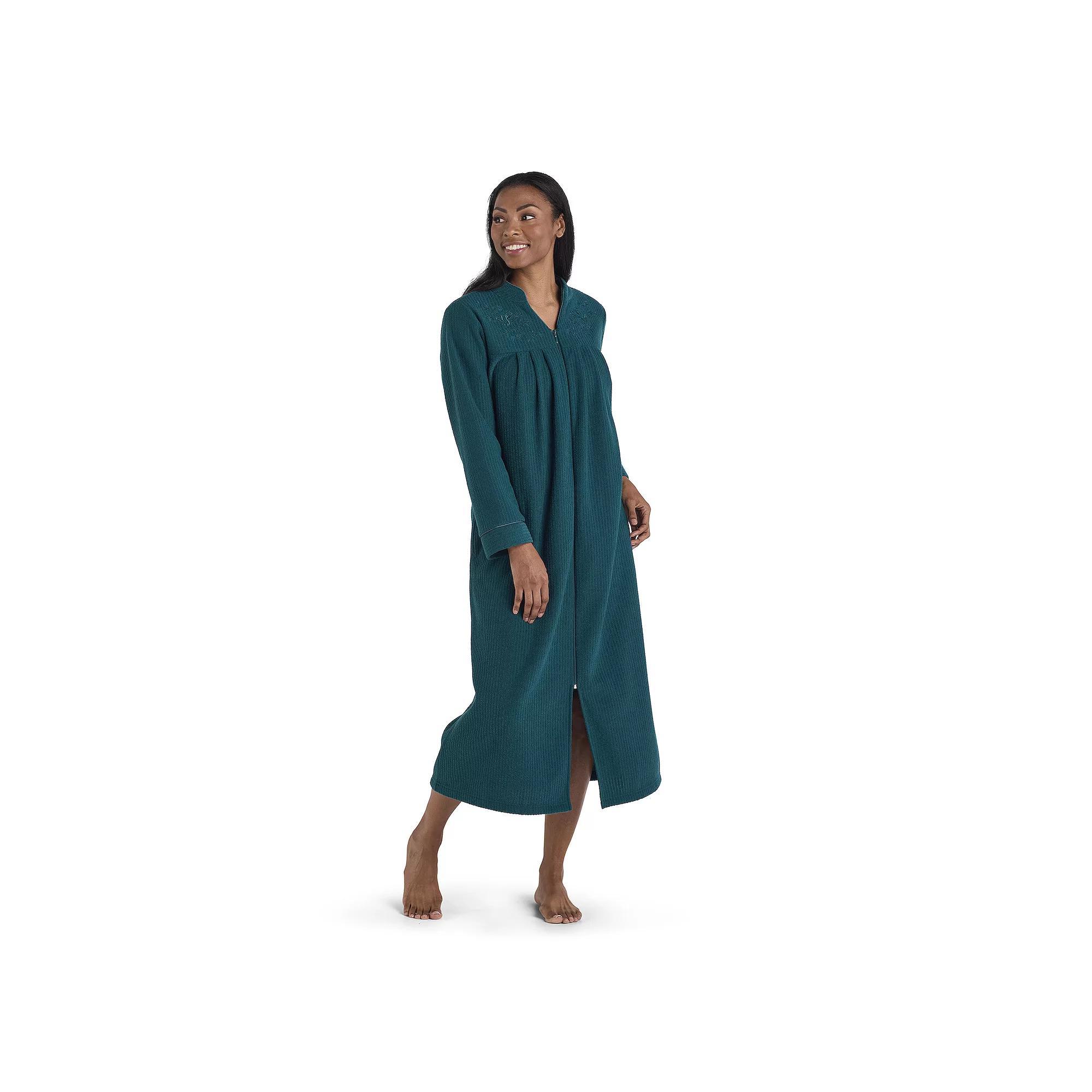 Petite Miss Elaine Essentials Brushed Back Terry Long Zip Robe, Women's, Size: Large Petite, Green Product Image