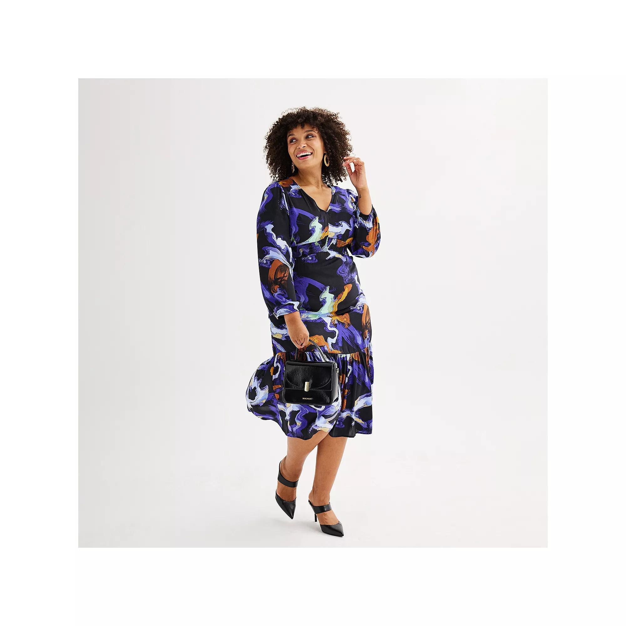 Women's Nine West Adaptive V-Neck Midi Dress, Size: Small, Blue Team Marble Product Image