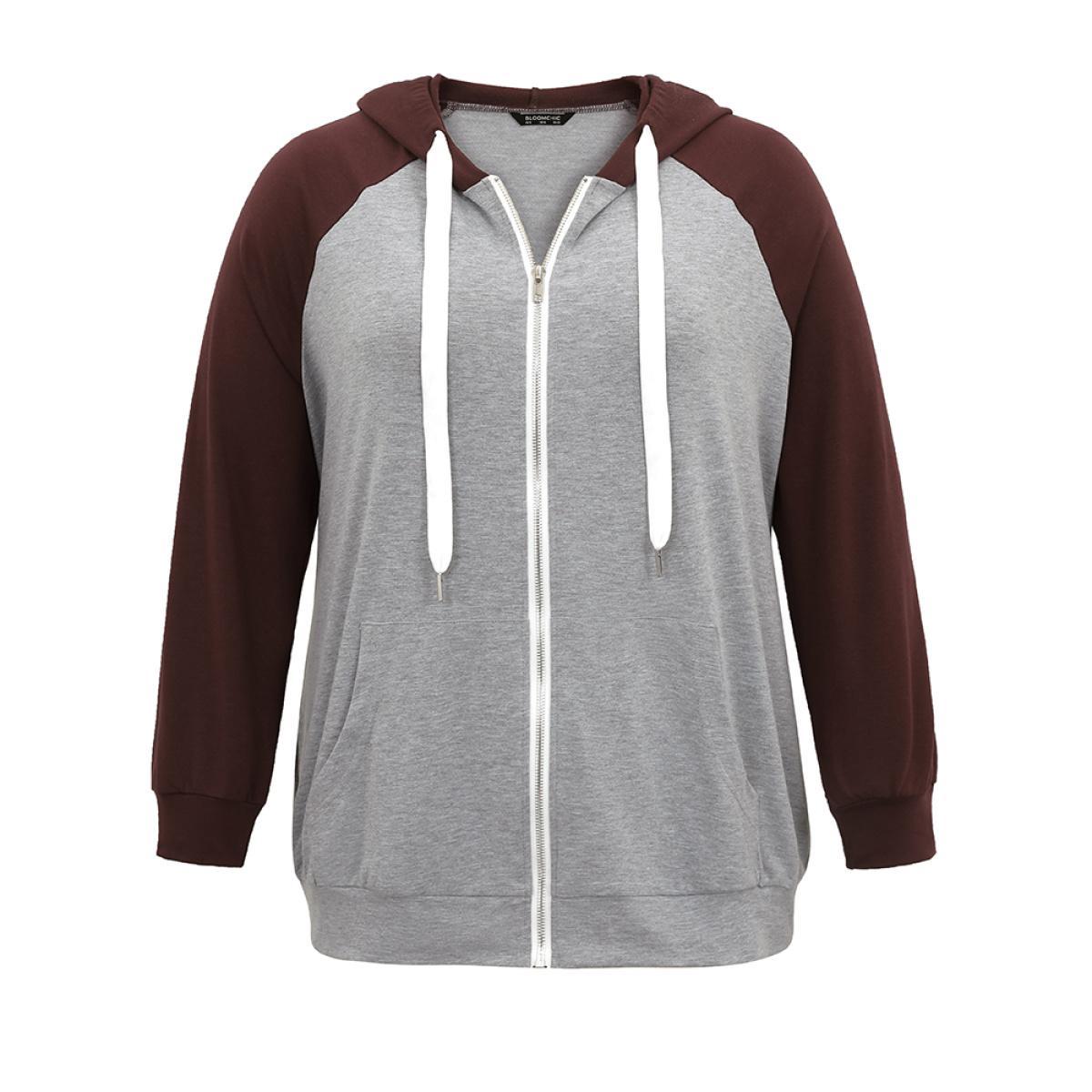 Plus Size Contrast Raglan Sleeve Zipper Hooded Sweatshirt Women Gray Casual Contrast Hooded Dailywear Sweatshirts BloomChic 10/M Product Image