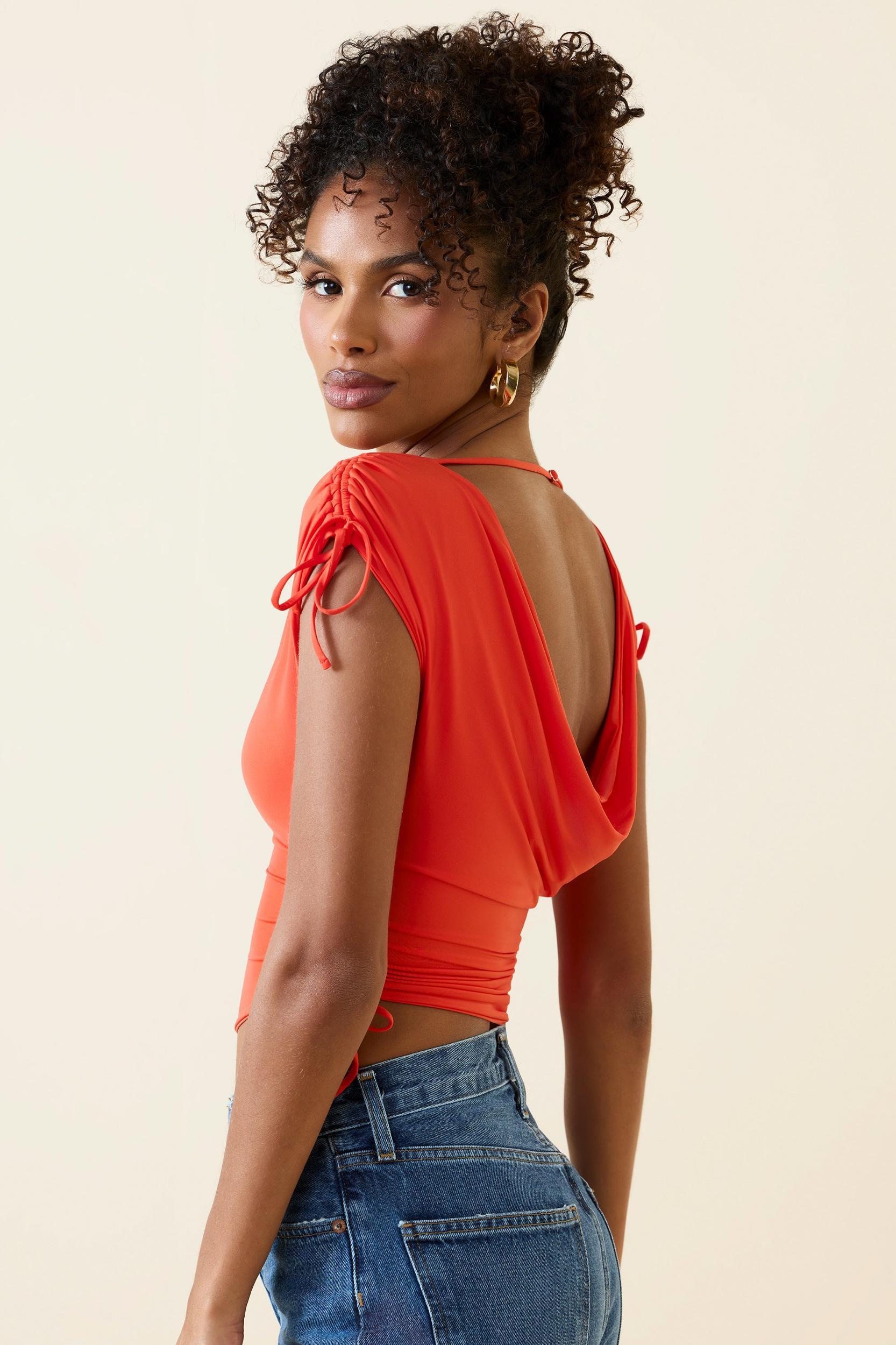 Asymmetric Ruched Cowl-Back Crop Top in Scarlet Product Image