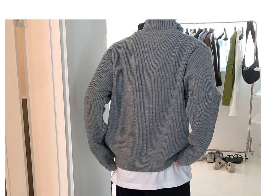 Turtleneck Melange Ribbed Zip Cardigan Product Image