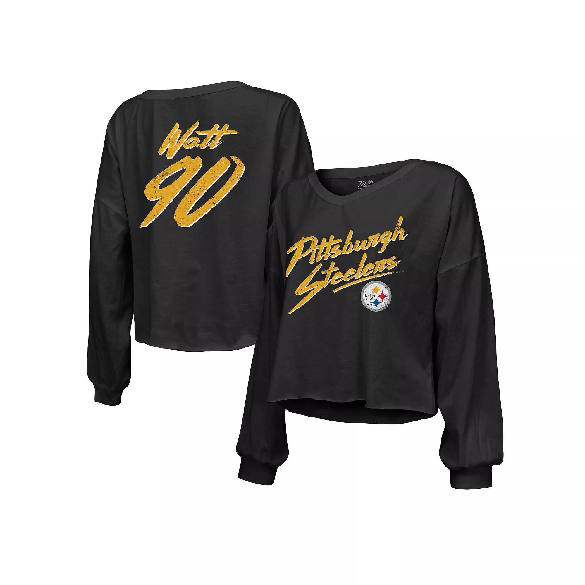 Women's Majestic Threads T.J. Watt Black Pittsburgh Steelers Name & Number Off-Shoulder Script Cropped Long Sleeve V-Neck T-Shirt, Size: Small Product Image