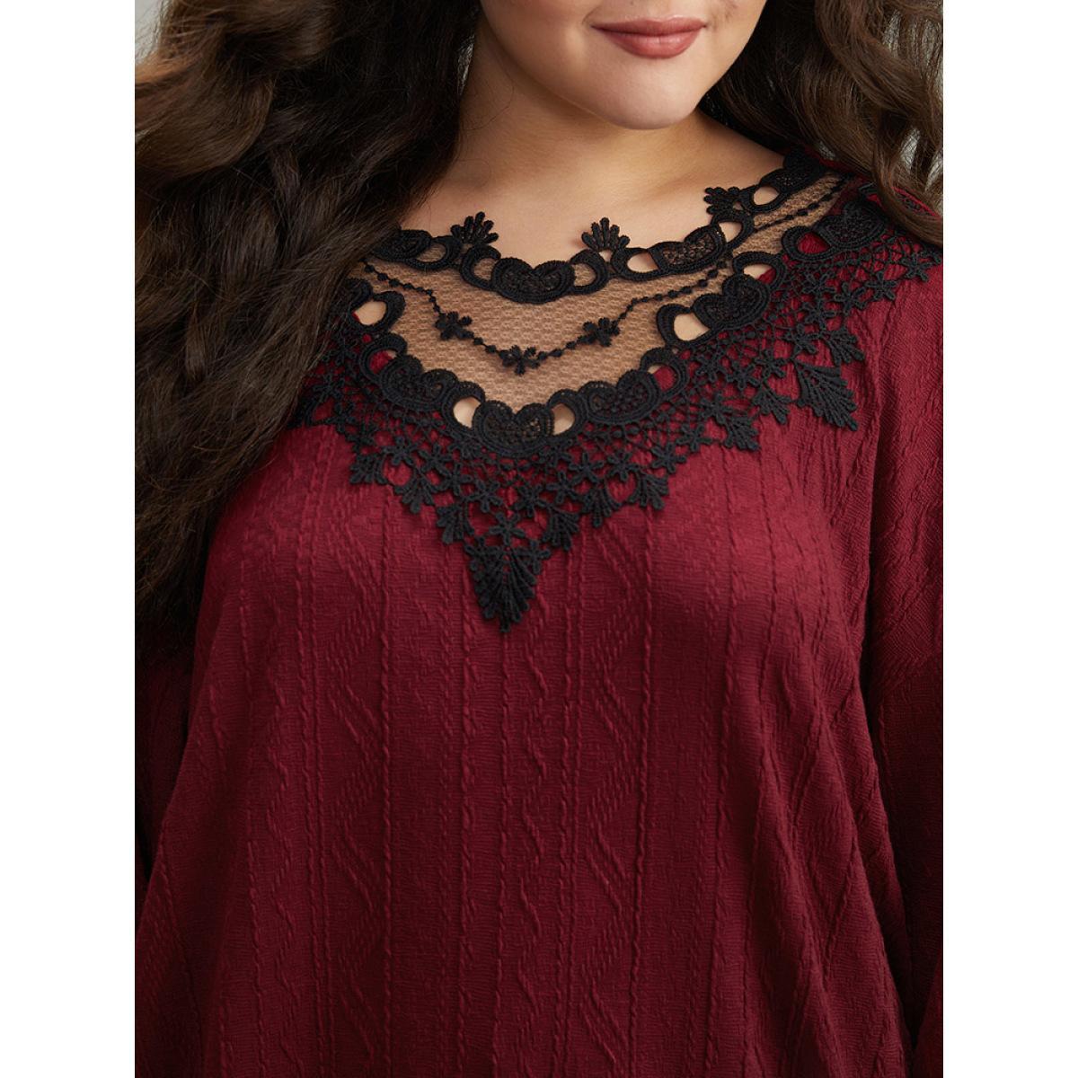 Plus Size Plain Textured Patchwork Lace Panel Sweatshirt Women Scarlet Elegant Elastic cuffs Round Neck Everyday Sweatshirts BloomChic 22-24/3X Product Image