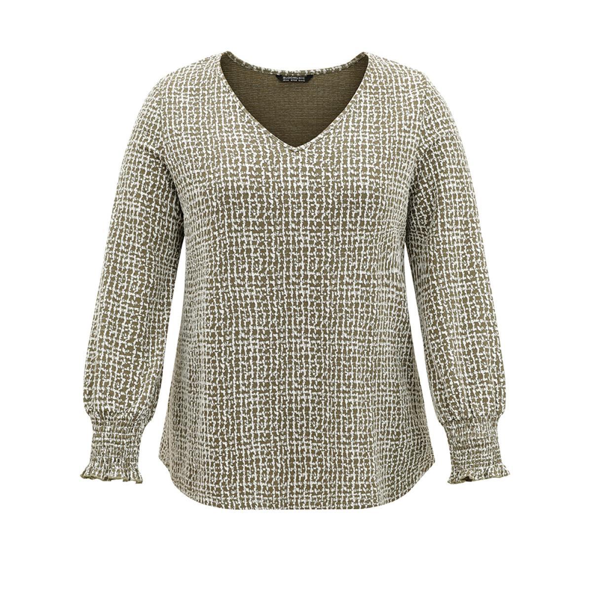 Plus Size Rib Knit Shirred Texture V Neck T-shirt Green Women Casual Texture Plain V-neck Dailywear T-shirts BloomChic 30/6X Product Image