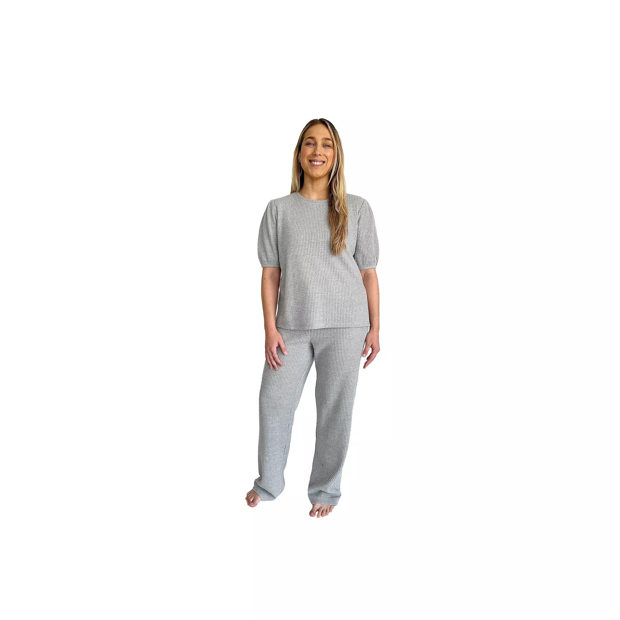 Women's Peace, Love & Dreams Puff Sleeve Waffle Pajama Top & Pajama Bottoms Set, Size: Small, Cloud Dancer Product Image