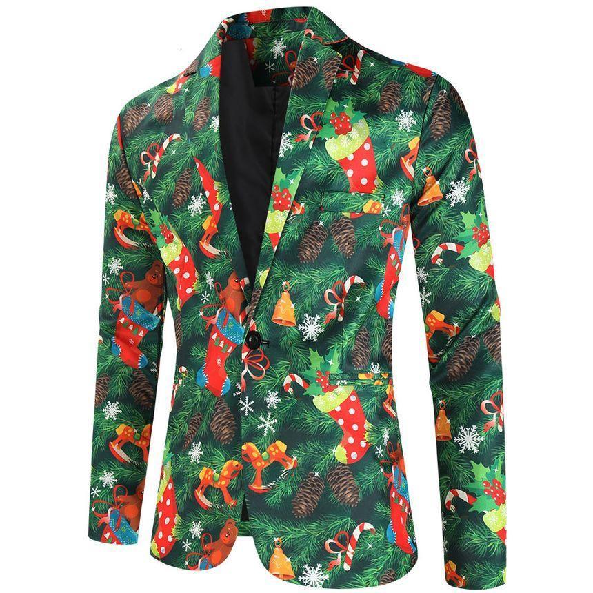 Christmas Print Single-Button Blazer / Vest / Mid Rise Tapered Dress Pants / Set Product Image