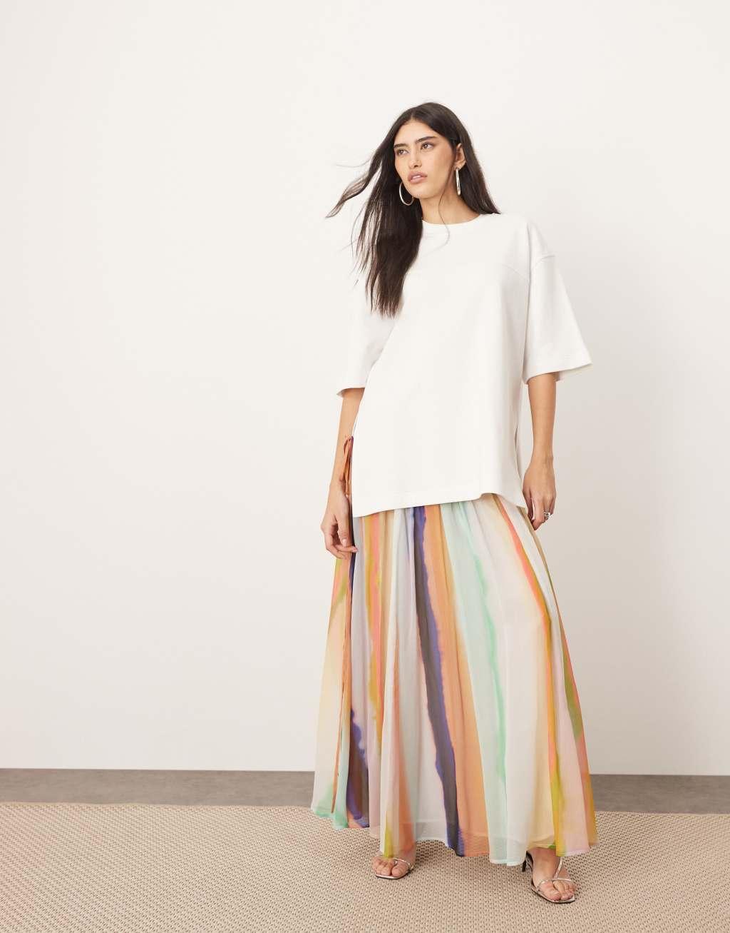 ARRANGE tiered maxi skirt with tie waist in blurred stripe Product Image