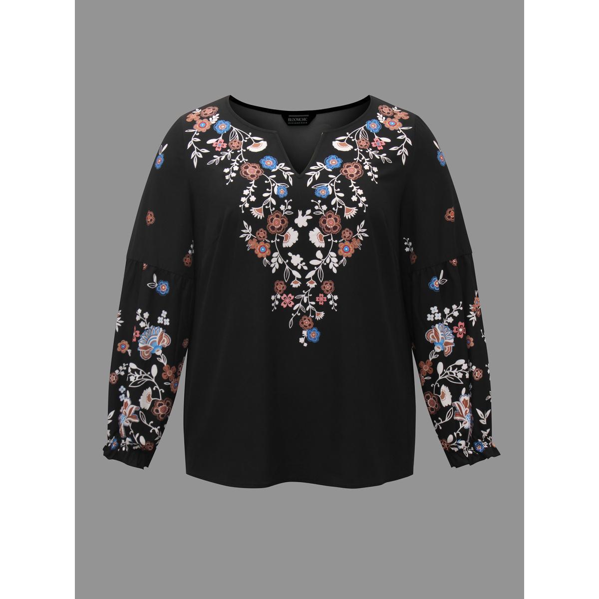 Plus Size Black Floral Puffy Sleeve V-Neck Blouse Women Elegant Long Sleeve Notched collar Everyday Blouses BloomChic 28/5X Product Image