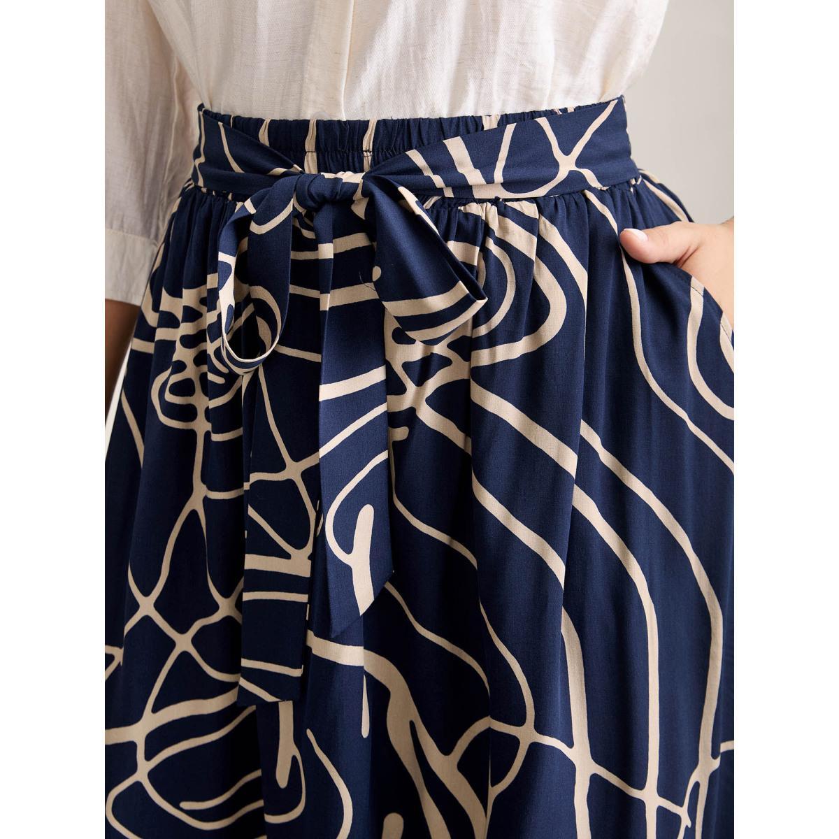 Plus Size Abstract Print Waist-Tie Midi Skirt Women DarkBlue At the Office Low stretch Slanted pocket Work Skirts BloomChic 14-16/1X Product Image