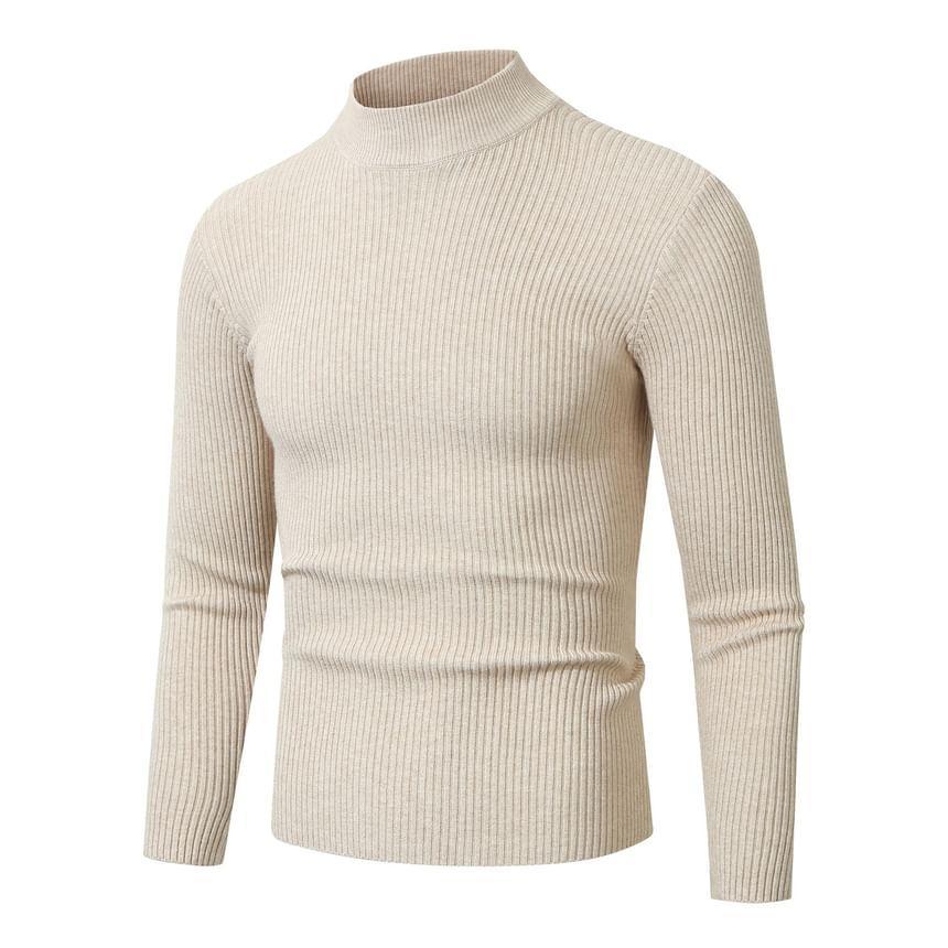 Long-Sleeve Mock Neck Plain Knit Top Product Image