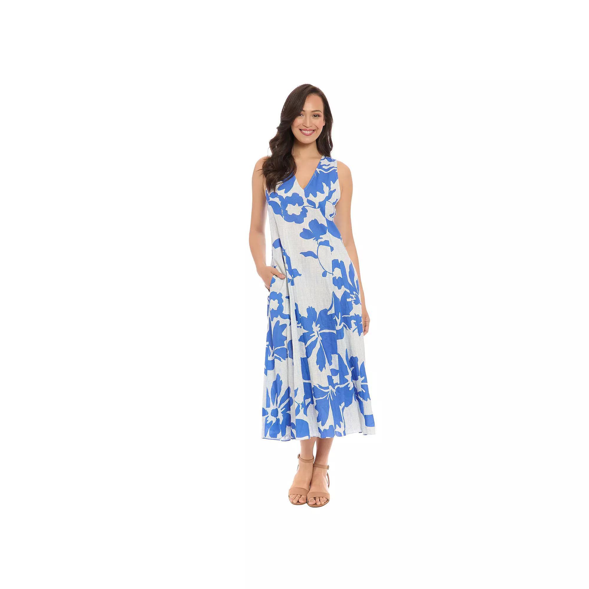 Women's London Times V-Neck Godet A-Line Dress, Size: Large, White Blue Product Image