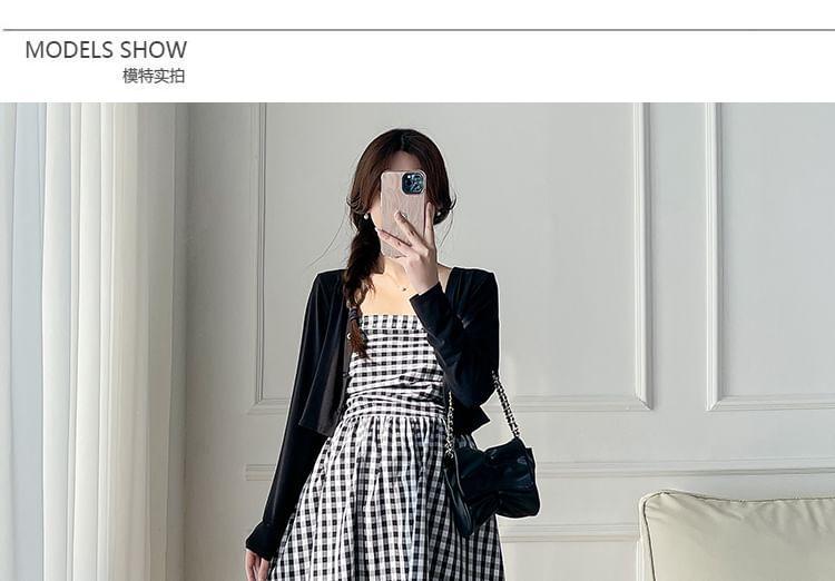 Maternity Strapless Plaid Midi A-Line Dress / Plain Cardigan / Set Product Image
