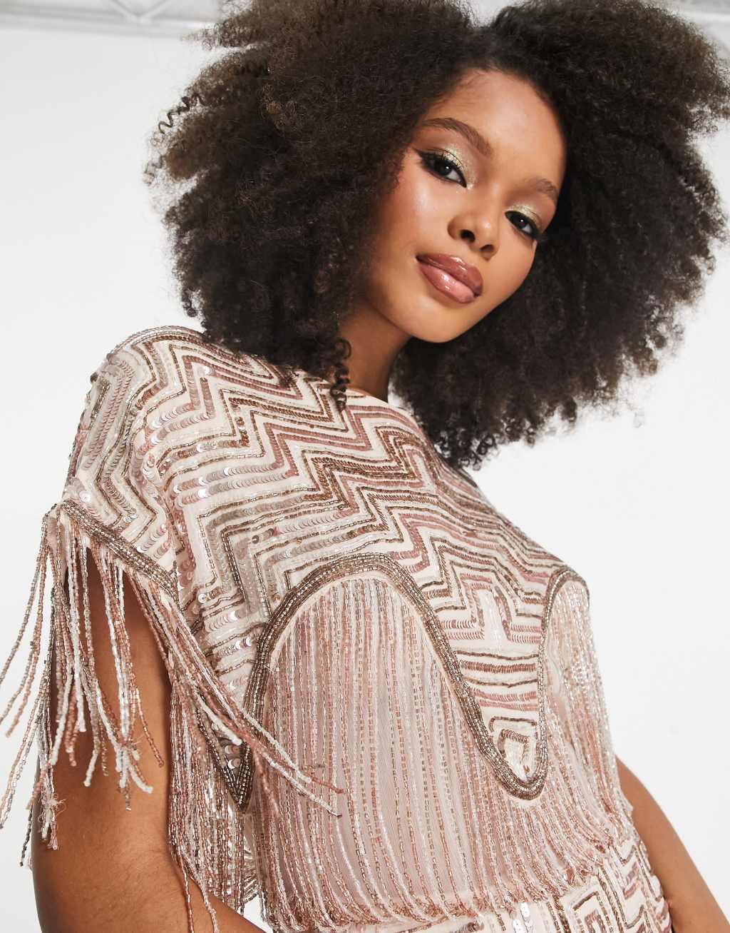 ASOS DESIGN embellished shift mini dress with beaded fringe Product Image