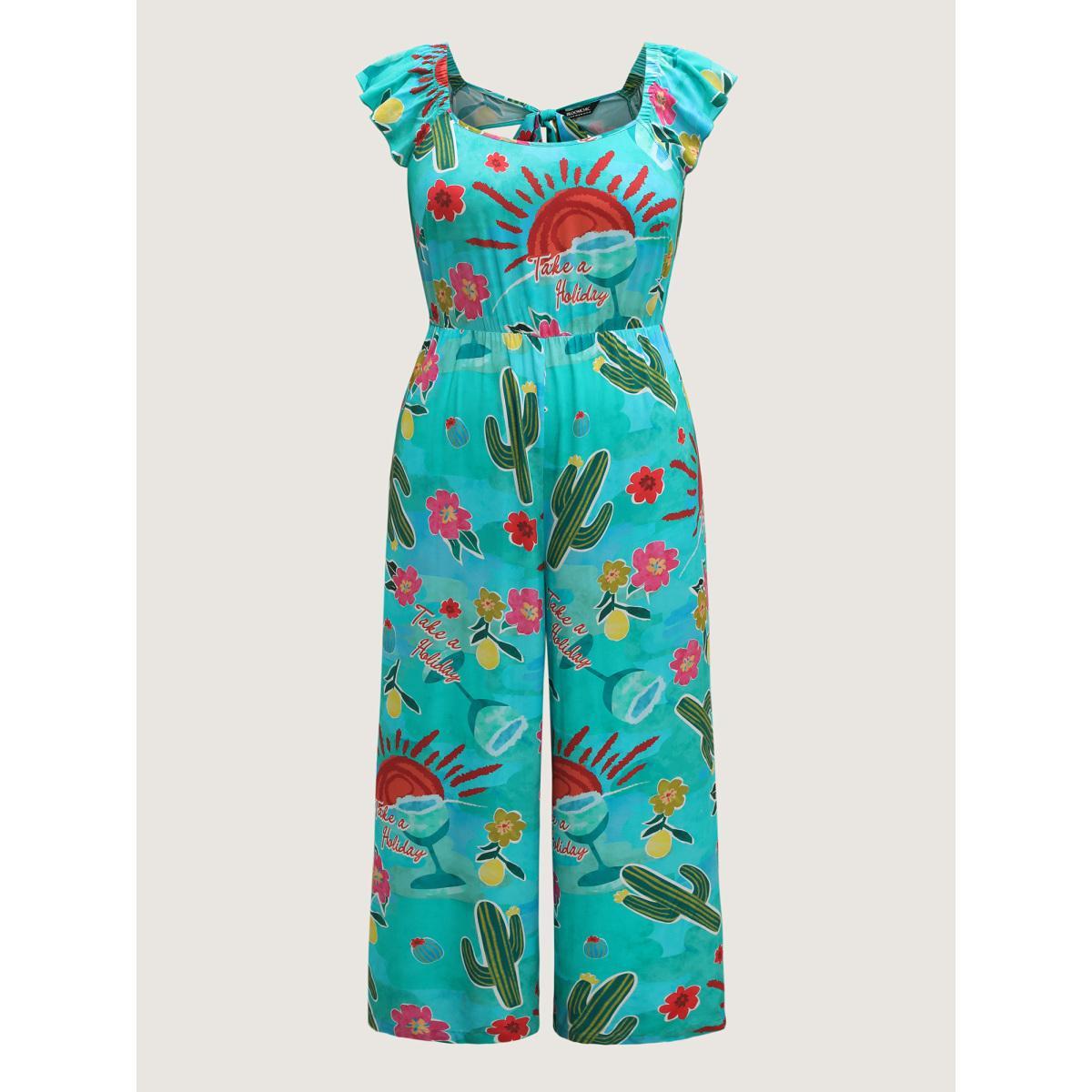 Plus Size Emerald Cactus Holiday Print Cut-Out Back Jumpsuit Women Cap Sleeve Square Neck Vacation Loose Jumpsuits BloomChic 10/M Product Image