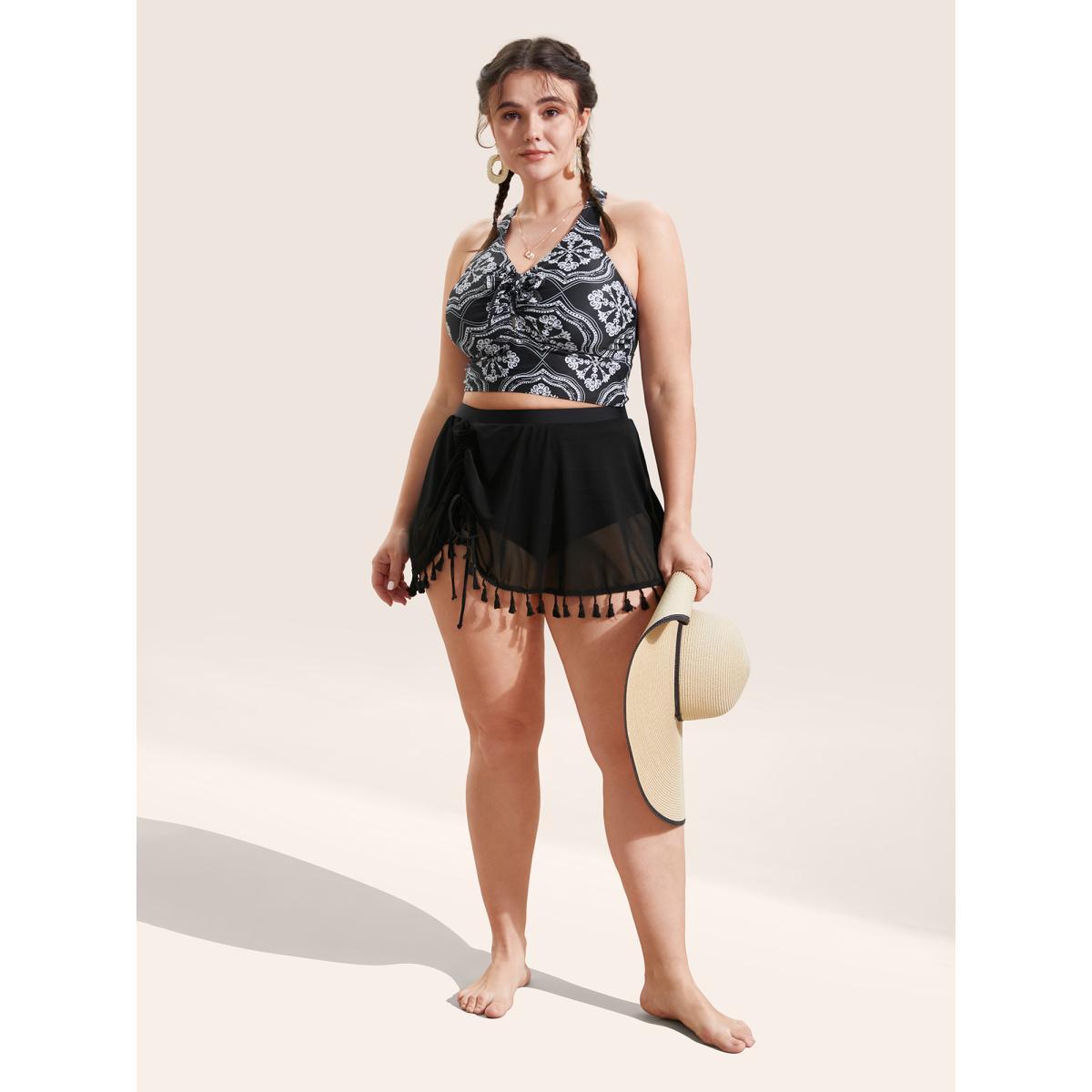 Plus Size Plain Tassel Trim Elastic Waist Swim Bottom Women's Swimwear Black Beach Gathered High stretch Bodycon High Rise Curve Swim Bottoms BloomChic 22-24/3X Product Image