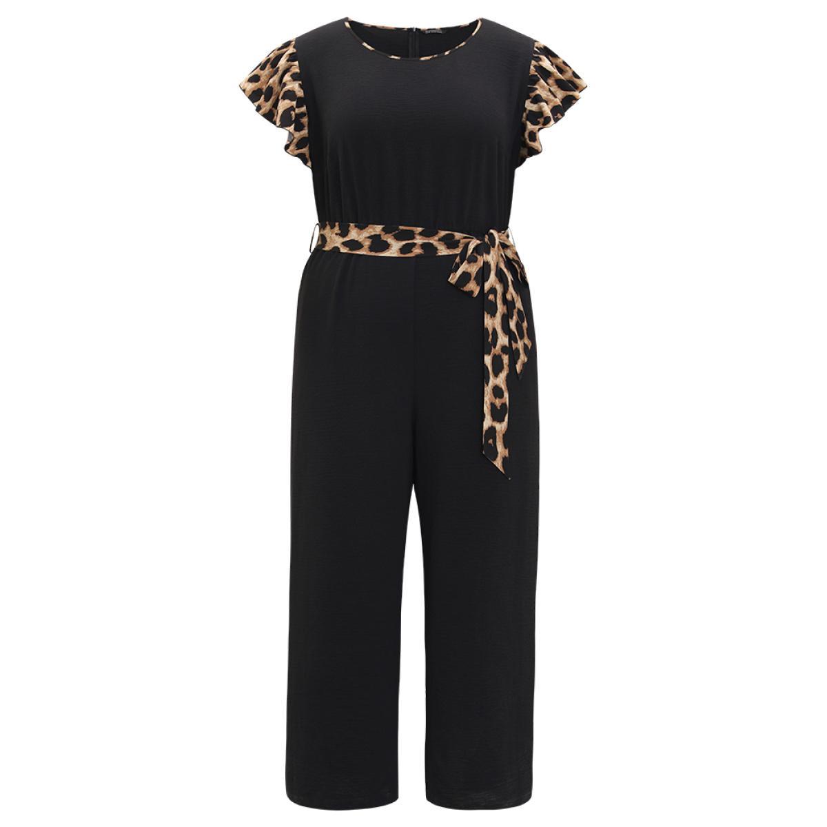 Plus Size DarkBlue Leopard Patchwork Pocket Belted Ruffle Sleeve Jumpsuit Women Office Sleeveless Round Neck Work Loose Jumpsuits BloomChic 14-16/1X Product Image