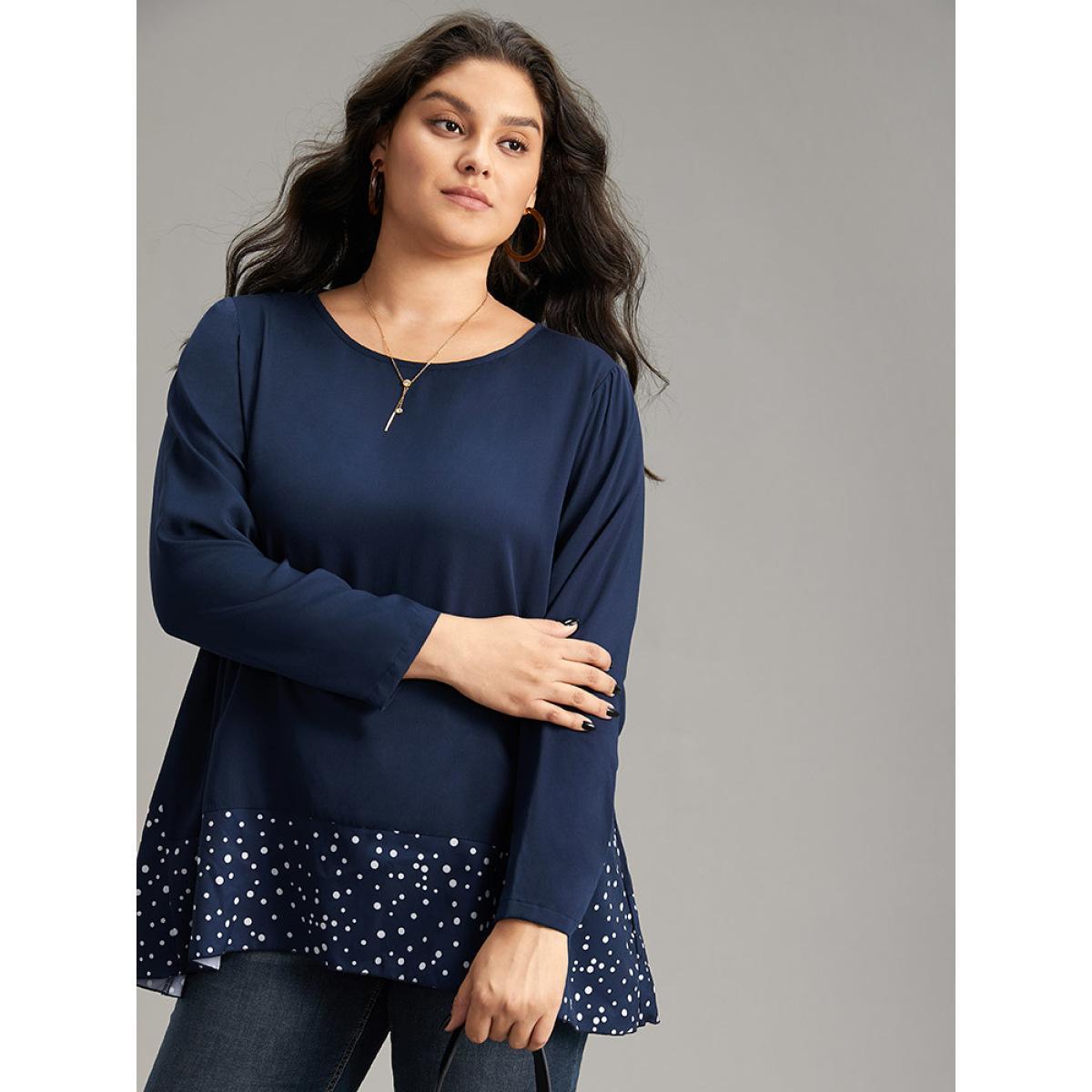Plus Size Indigo Polka Dot Patchwork Long Sleeve Blouse Women Office Long Sleeve Round Neck Work Blouses BloomChic 12/L Product Image