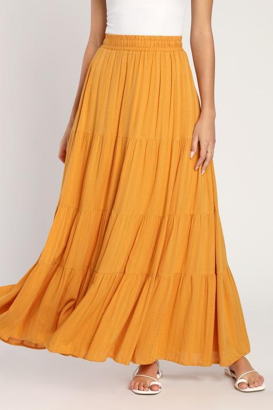Sunset by the Sea Mustard Yellow Embroidered Tiered Maxi Skirt Product Image