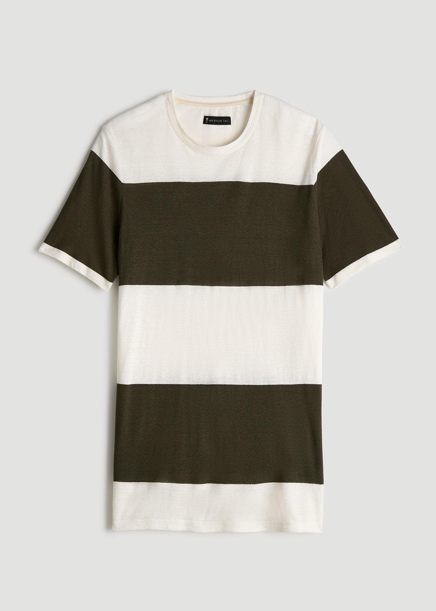 Linen Crewneck T-Shirt for Tall Men in Olive and Ecru Stripe Product Image