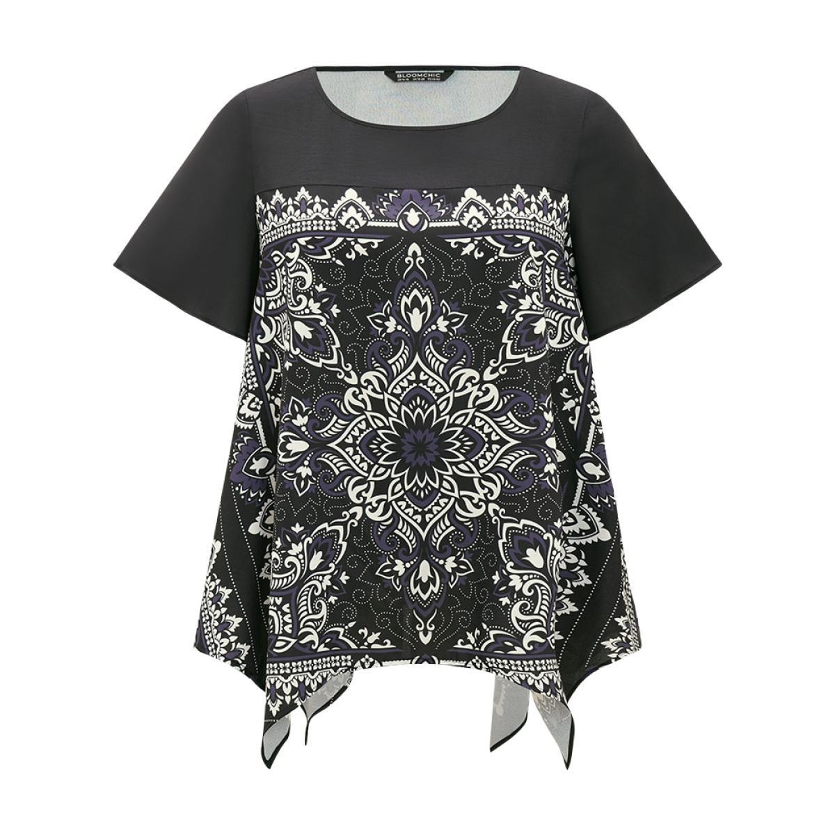 Plus Size Indigo Boho Print Crew Neck Flutter Sleeve Hanky Hem Blouse Women Vacation Short sleeve Round Neck Dailywear Blouses BloomChic 26/4X Product Image