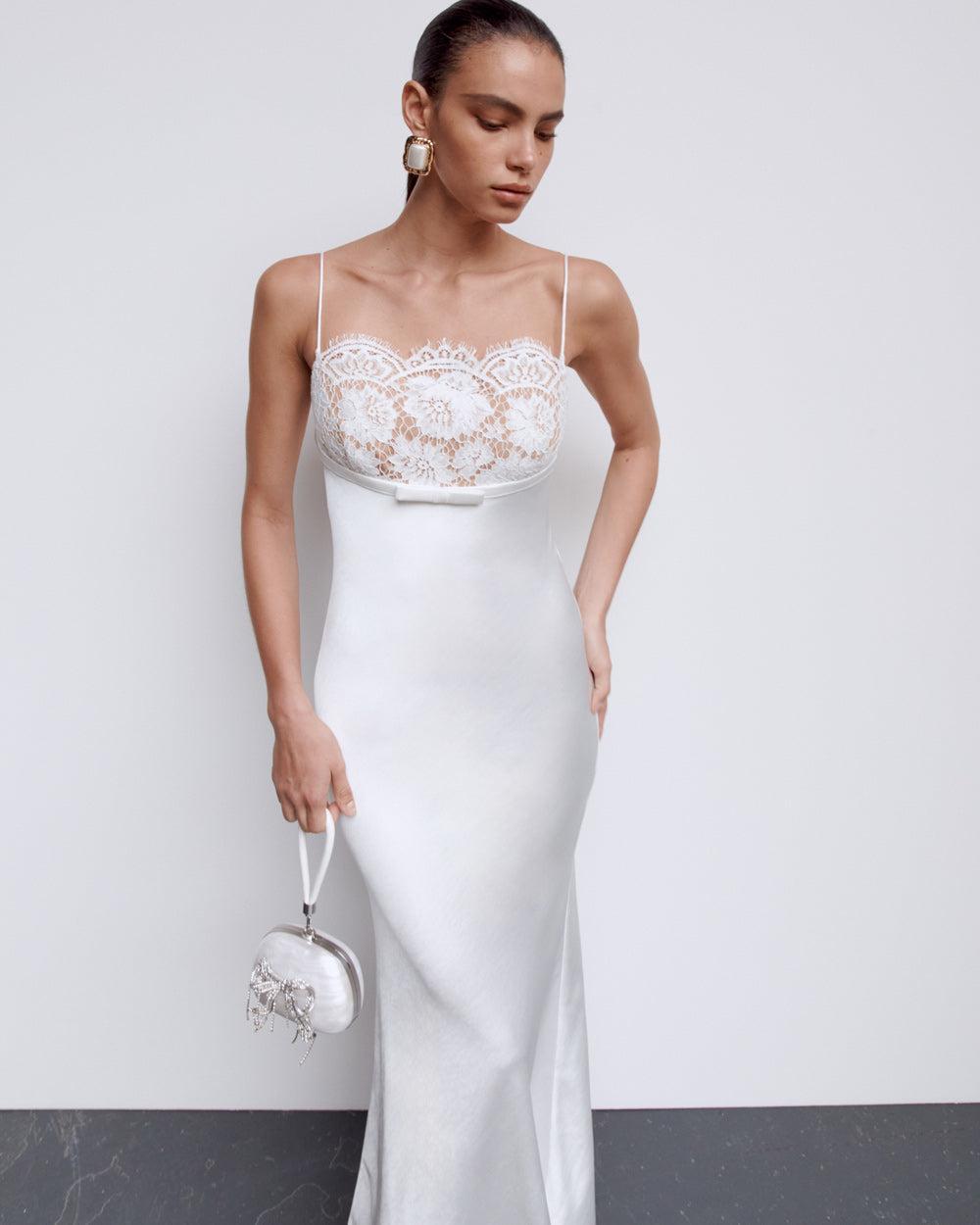 White Satin Lace Maxi Dress Product Image