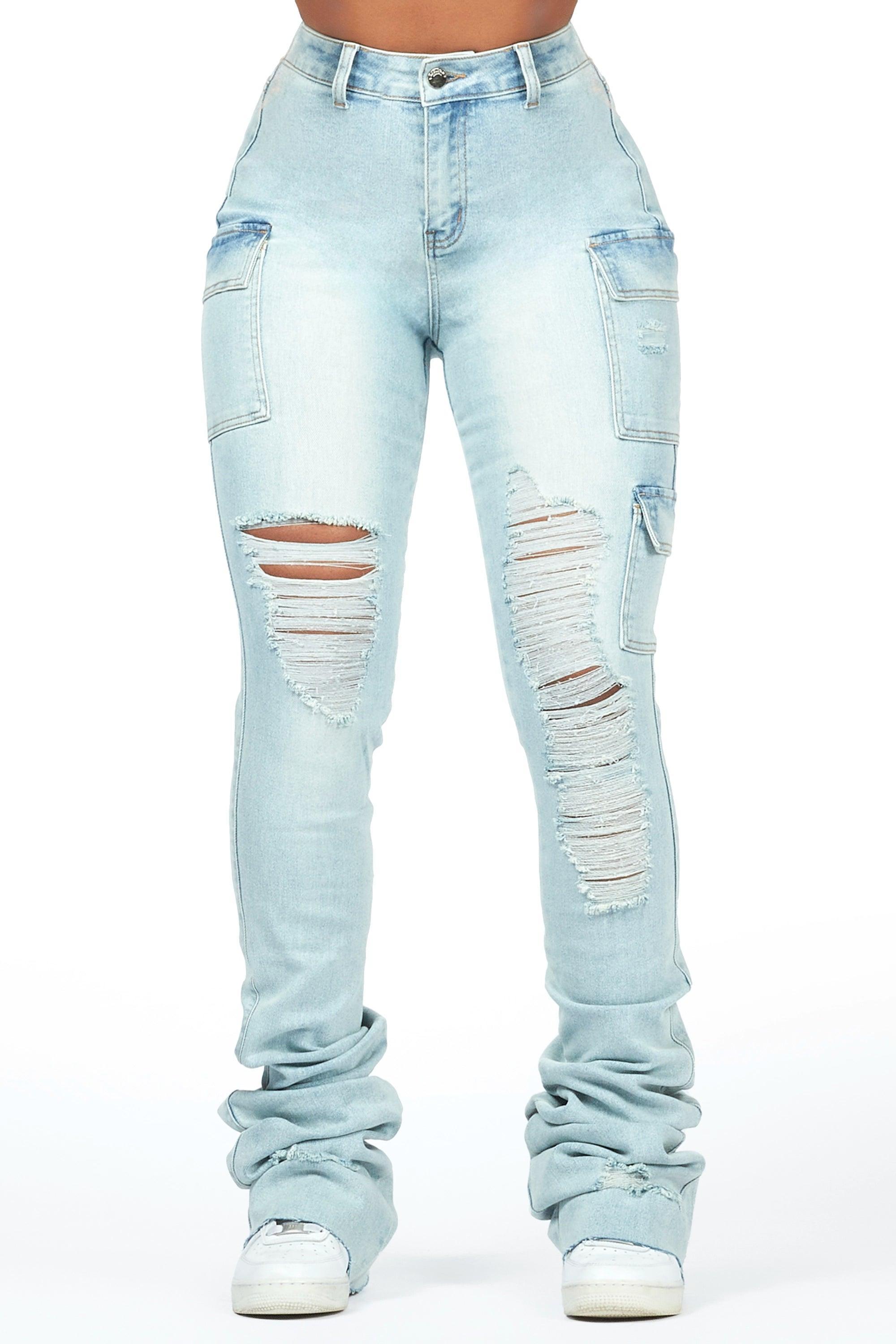 Vixen Tinted Light Wash Distressed Cargo Super Stacked Jean Female Product Image